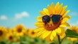 © Buakung - A big, bright sunflower posing in front of a blue sky with trendy cat-eye sunglasses on its petals, sunglasses, vibrant, floral