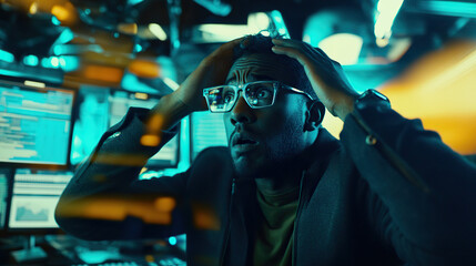 Stressed developer working late at computer setup, surrounded by multiple monitors and coffee cups, showcasing the challenges of modern tech work and mental pressure in a fast-paced digital environmen