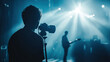 © Peter - Silhouette images of video production behind the scenes or b-roll or making of TV commercial movie that film crew team lightman and cameraman working together with director in big studio