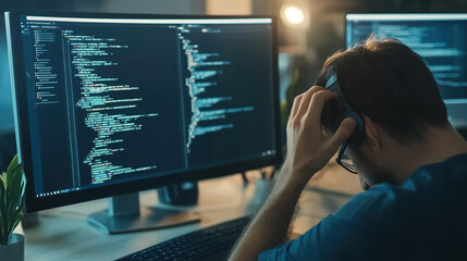 Stressed developer working late at computer setup, surrounded by multiple monitors and coffee cups, showcasing the challenges of modern tech work and mental pressure in a fast-paced digital environmen