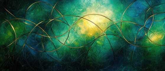 Wall Mural - A painting of a green and blue swirl with gold accents. Generative AI