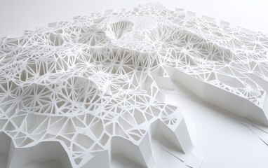 Fototapete - Abstract white paper sculpture with intricate geometric patterns and textures, creating a three-dimensional landscape.