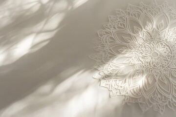 Poster - Intricate mandala design with leaf shadows on beige background.