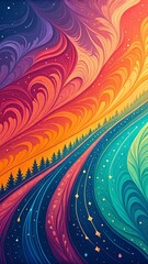 Poster - A colorful painting of a road with trees and stars