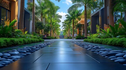 Wall Mural - A walkway with a path of rocks and a row of palm trees