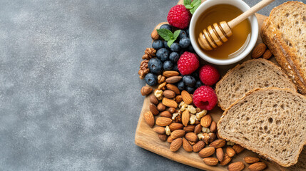 Wall Mural - Fresh bread, honey, nuts, and berries create delightful breakfast spread