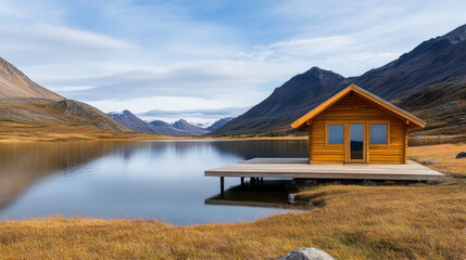 Sticker - beautifully isolated wooden hut by serene lake in tundra landscape