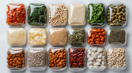 Canvas Print - Fresh ingredients in clear containers, showcasing variety of grains and nuts