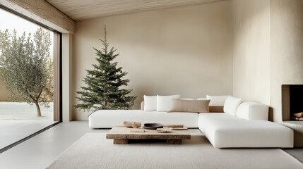 Wall Mural - cozy living room with minimalistic Christmas tree and natural decor