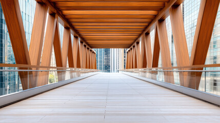 Sticker - modern bridge with wooden beams and glass railings, showcasing urban architecture