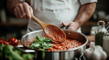 A chef stirring a pot of tomato sauce with fresh basil and ingredients nearby.