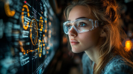 Focused Woman Studying Digital Data Screen Modern Technology Interface Future Vision Female Science 
