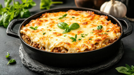 Poster - Delicious homemade lasagna with golden cheese and fresh herbs