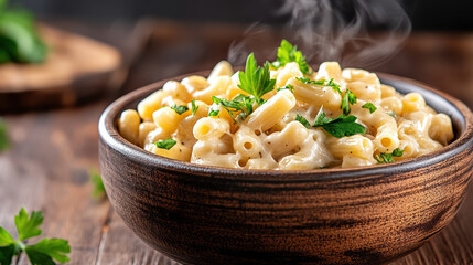 Canvas Print - Steaming bowl of creamy macaroni and cheese garnished with herbs