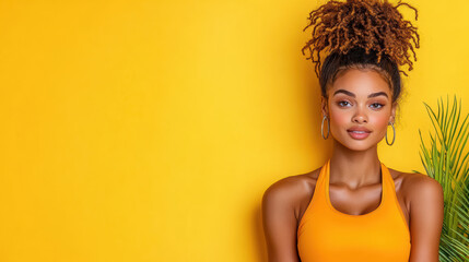 Wall Mural - Confident woman in bright orange outfit against yellow background