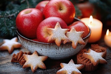 Christmas Greetings with Red Apples and Star-Shaped Cookies in a Rustic Wooden Setting