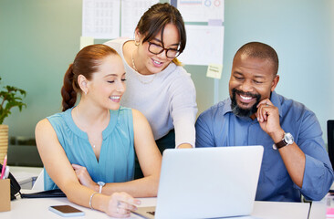 Fototapete - Collaboration, business people and reading with laptop in office, tax research and report for bookkeeping. Teamwork, employees and accountant with digital for statement review, corporate and happy