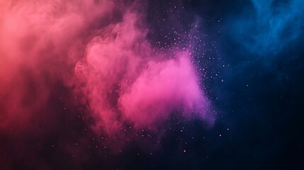 Wall Mural - Abstract pink and blue smoke clouds with particles on black background.