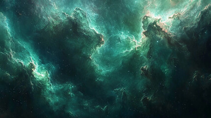 Wall Mural - A mesmerizing space scene with vibrant green nebulae resembling auroras, rippling gracefully across the dark void, evoking mystery, cosmic energy, and the vastness of the universe.

