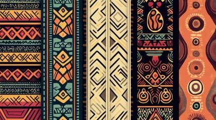 vibrant ethnic textile pattern design with geometric shapes and tribal motifs.