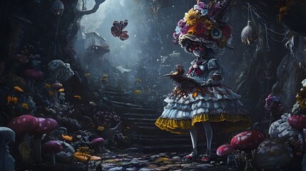 Naklejka na meble Girl In Flower Crown Walks Enchanted Forest Path