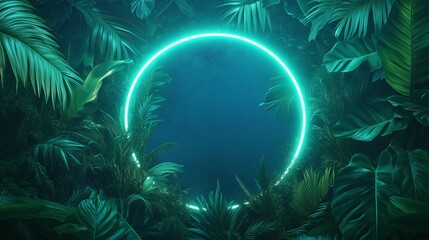 Wall Mural - Green and Blue Neon circle glowing Light with Tropical Leaves