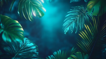 Wall Mural - Green and Blue Neon circle glowing Light with Tropical Leaves