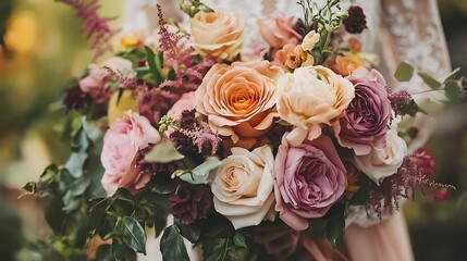 Poster - Lush bouquet of peach, pink, and mauve roses, other flowers, and greenery.