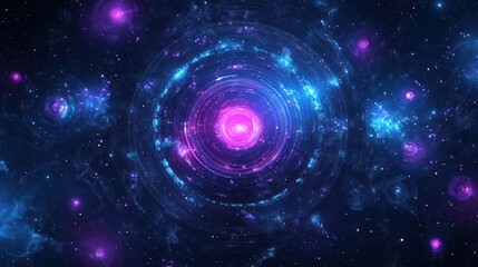 abstract cosmic nebula with glowing rings and stars.
