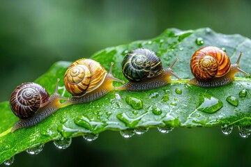 Canvas Print - Snails on a dewy leaf. AI.