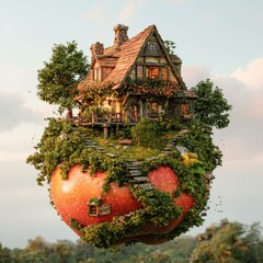 Wall Mural - Tiny house on a  apple. AI.