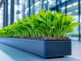 Blurred background of diverse people walking in a modern urban setting with green plants in focus