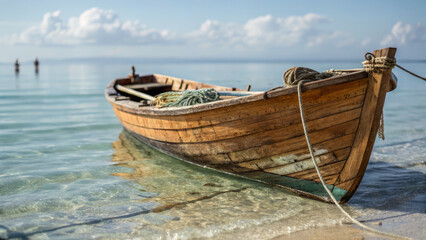  small wooden boat rests on tranquil beach, reflecting calm ocean