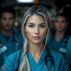 Wall Mural - A woman with blonde hair and blue scrubs stands in front of a group of people