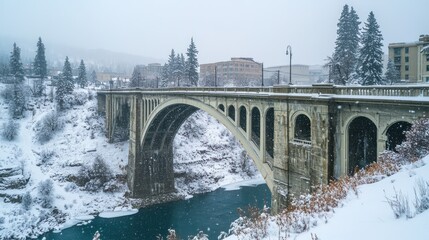 Wall Mural - Snow-covered bridge spanning a river in a winter city landscape.