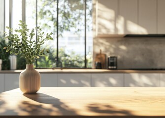 Sticker - Empty wooden tabletop for product display in a modern kitchen