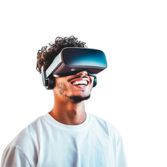 smiling young man using virtual reality headset isolated on transparent background