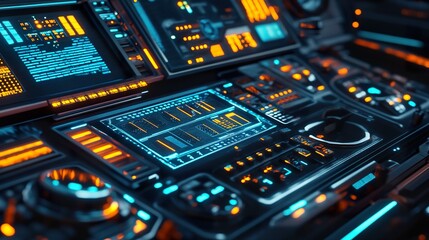 Futuristic spaceship control panel; vibrant interface displays data; dark background; tech concept