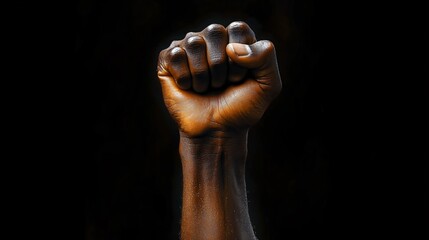 Wall Mural - A powerful close-up of a raised, clenched fist against a dark background, symbolizing strength and unity, ideal for Black History Month campaigns or activism-focused events.