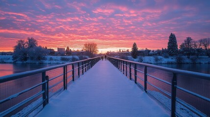 Wall Mural - Snowy bridge at sunrise, winter landscape.