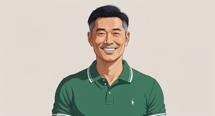 Portrait mature Asian man smiling short black hair white button up on plain white background illustration