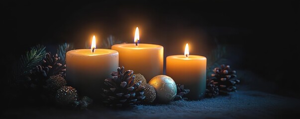 four advent candles glowing in dark night for christmas celebration and holiday decoration