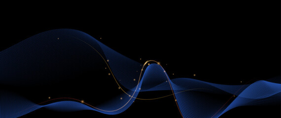 Fototapete - Vector element. Abstract wave line, particle dot pattern, neon light on dark blue gradient background. Modern futuristic design for banner background. Network, science, tech, data technology concept
