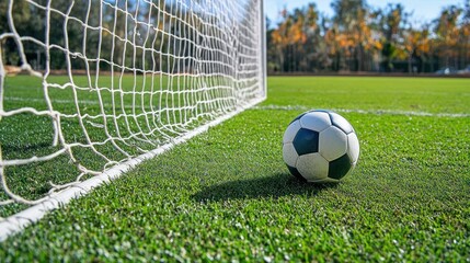 Wall Mural - Soccer ball near goal on sunny field.