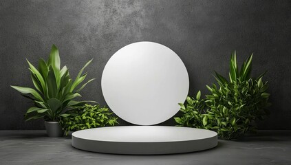 Wall Mural - Minimalist product display with plants and circle background.