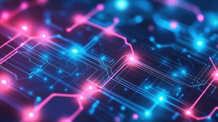 Futuristic circuit board with glowing pink and blue lights for digital technology, communication