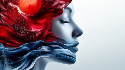 Wall Mural - Abstract Portrait: Woman, Red and Blue Celestial Waves