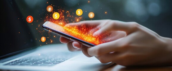 Close Up of Hand Holding Smartphone for Affiliate Marketing Campaign with Megaphone and Dollar Signs Icons