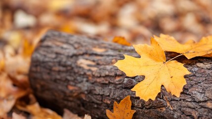 Wall Mural - Autumn maple leaf on textured tree bark. Ideal for seasonal details, natural textures, and forest elements concepts.