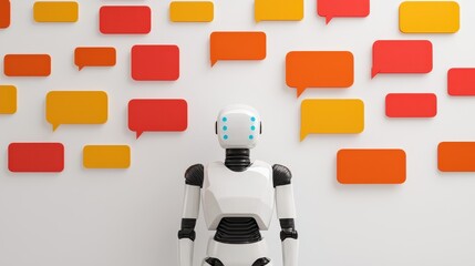 A futuristic robot stands against a vibrant wall filled with colorful speech bubbles, symbolizing communication and innovation in technology.